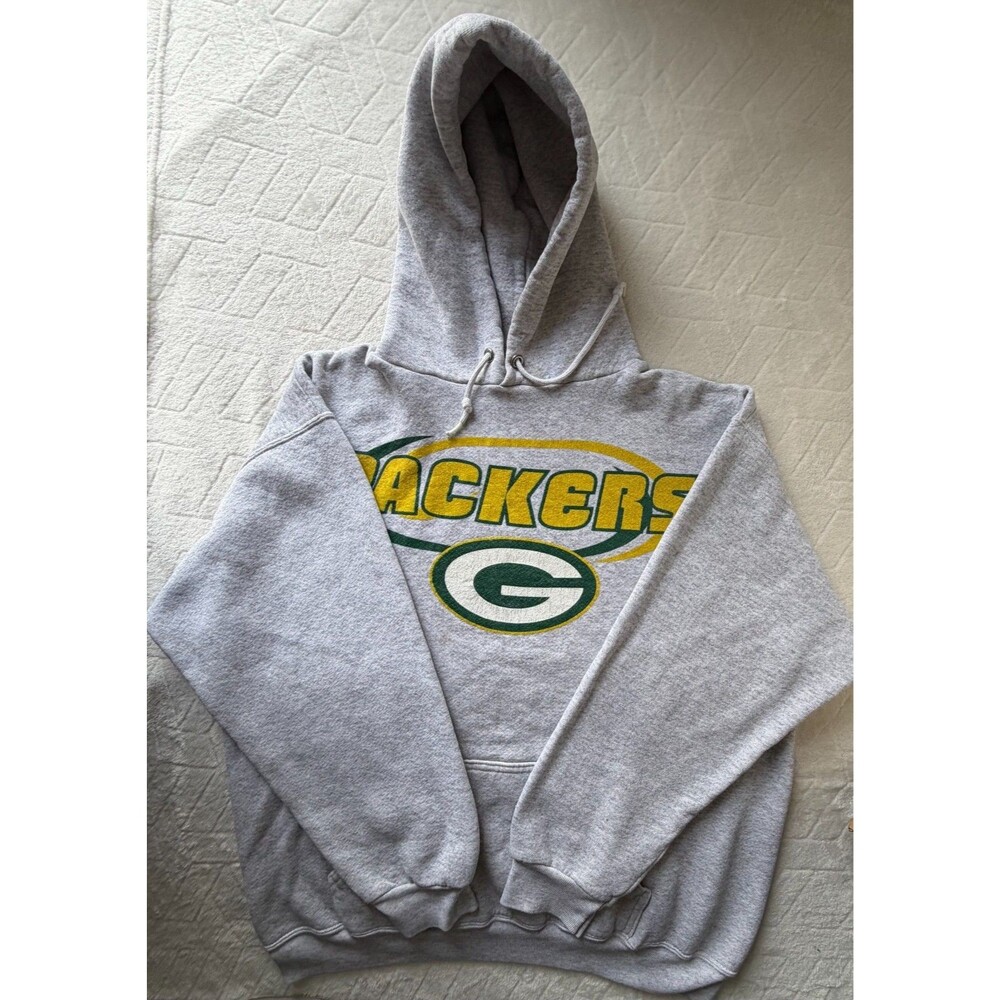 Vintage Green Bay Packers Hoodie Mens L Dynasty NFL Gray Logo Sweatshirt Y2K